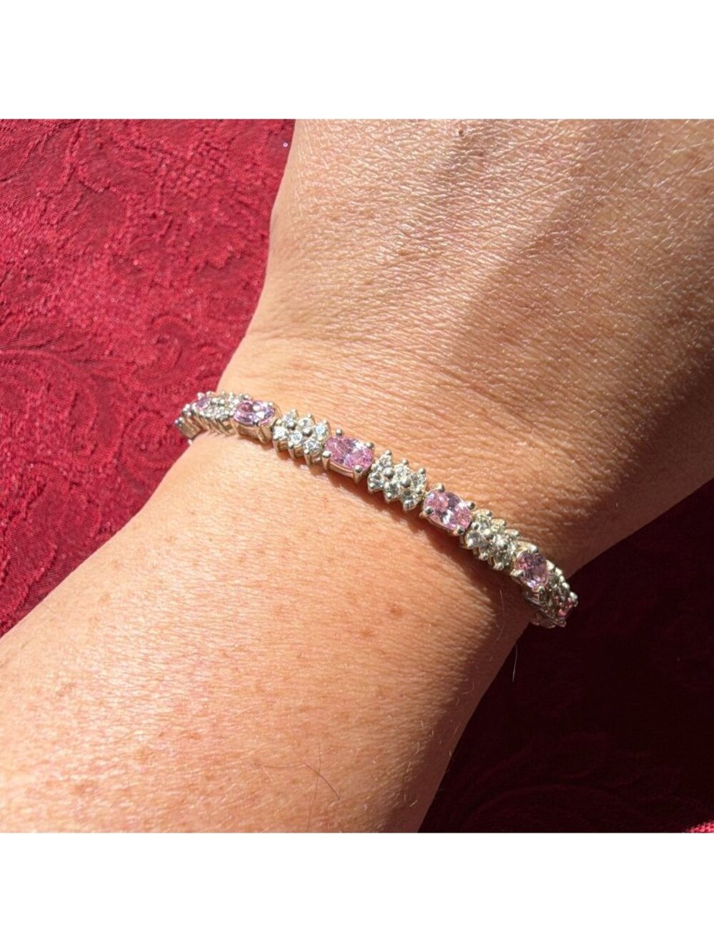 Vintage Sterling Silver 925 Pink Clear CZ Cubic Zirconia Tennis Bracelet 8 Inch